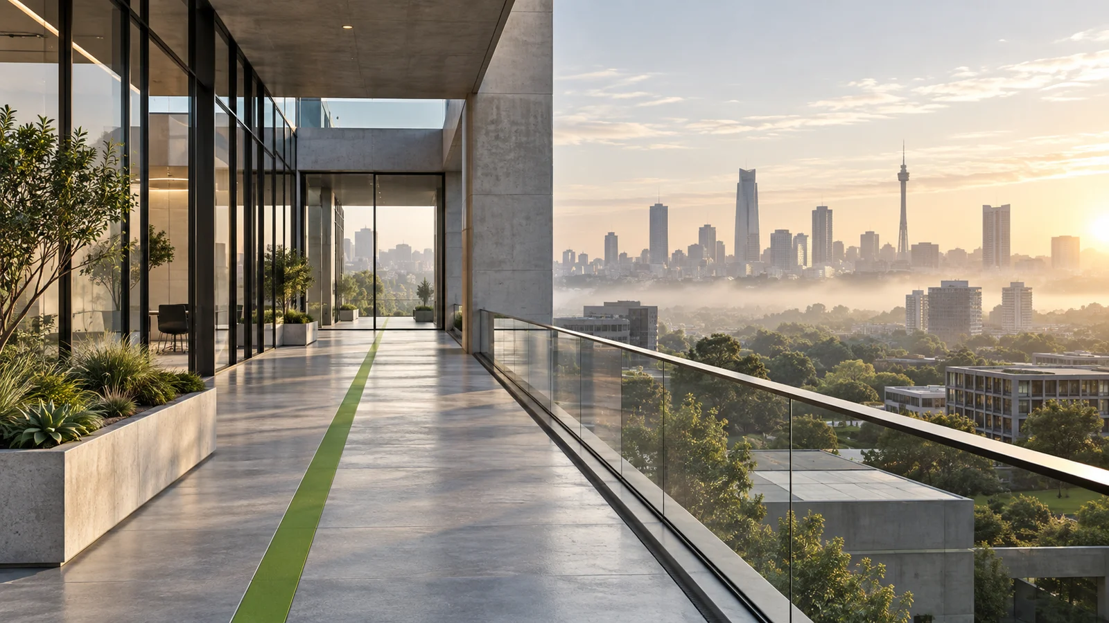A green guiding line follows a modern office walkway from morning mist towards the light